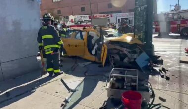 4 hurt when NYC taxi crashes on West 42nd Street