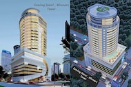 The two available renderings of Winners Tower, a 25-story high-rise being proposed at Martin...
