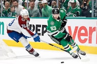 Dallas Stars center Wyatt Johnston (53) circles the back of the net as Colorado Avalanche...