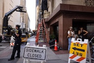 A set is blocked off during filming at the Rodeo Bar in the Adolphus Hotel in downtown...