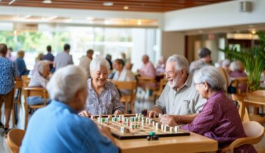 The photo shows a bustling senior community center, with a group of retirees engaged in various social activities. The center is bright and vibrant, filled with lively conversations and laughter. In the background, there are different areas for playing mahjong, walking groups, volunteering, and gardening. The shot is taken from a moderate wide-angle lens to capture the sense of community and connection among the retirees.