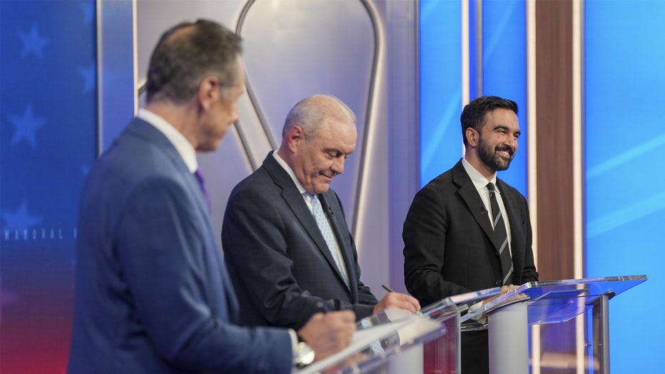 NEW YORK, NY - OCTOBER 16: (L-R) Mayoral candidates, Independent nominee former New York Gov. Andrew Cuomo, Republican nominee Curtis Sliwa and Democratic nominee Zohran Mamdani participate in a mayoral debate at Rockefeller Center on October 16, 2025 in New York City. The candidates for New York City mayor are facing off in their first debate ahead of the November 4 election. (Photo by Angelina Katsanis-Pool/Getty Images)