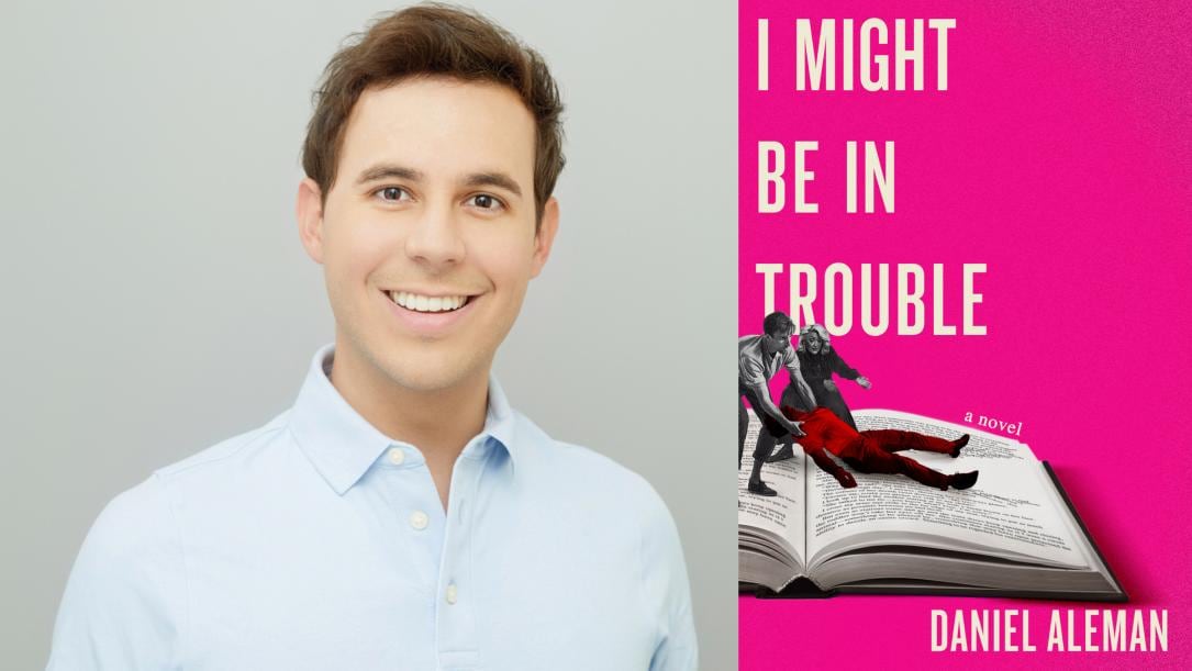 A man with short brown hair smiles at the camera. A book cover shows an open book with a woman and man pulling a body across the page. 