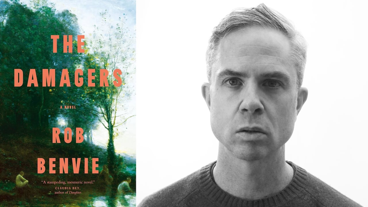 The book cover with children playing in a forest and the author, a man with short hair looking straight into the camera