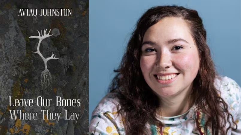 A book cover of an antler on rocks. A woman with curly brown hair smiling.