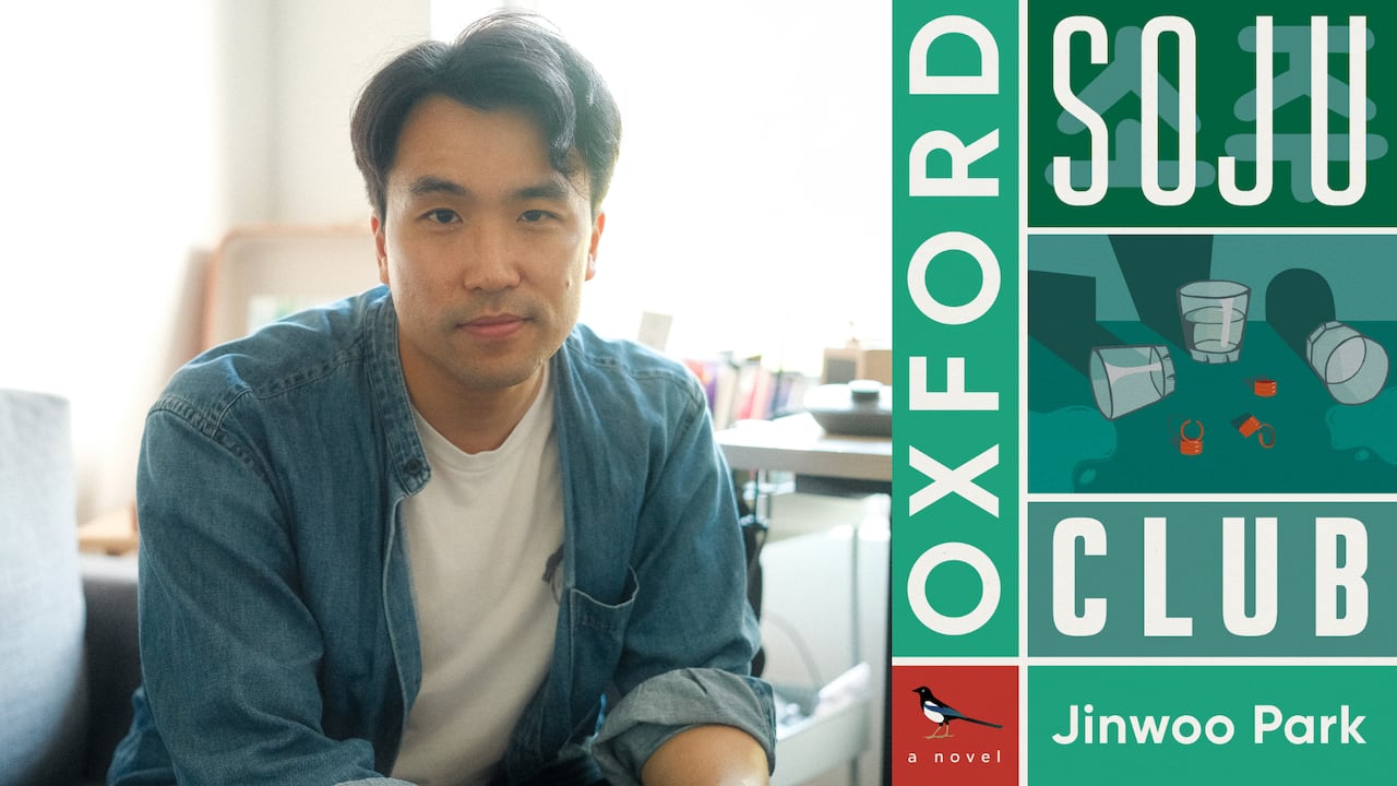 An Asian man smiles at the camera. A cartoon book cover of three empty soju glasses.