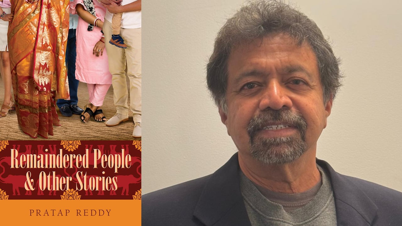A composite image of a book cover on the left that shows the bottom half of immigrants from India and on the right is a headshot photo of a man with gray hair.