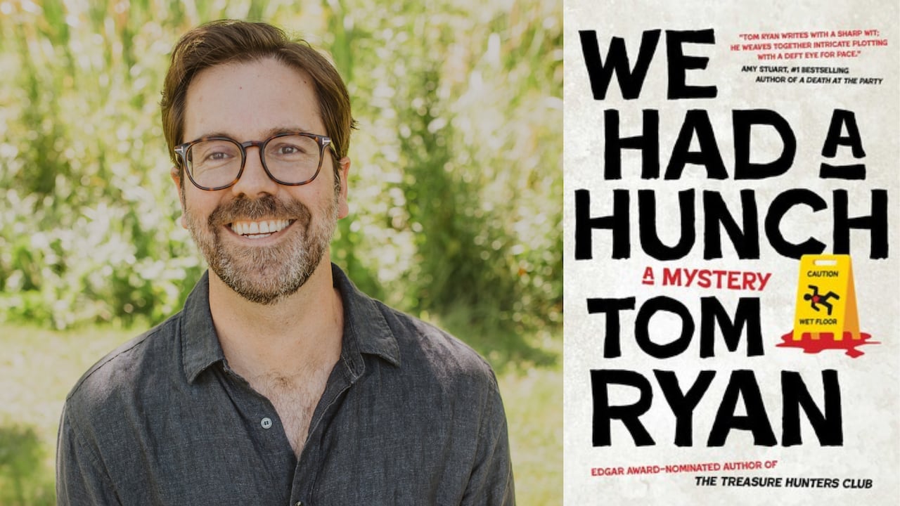 The author photo of a smiling man with glasses and a grey shirt and the book cover with a caution wet floor sign next to the title