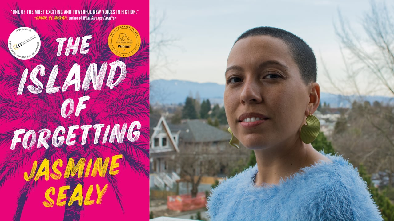 The book cover with a palm tree over a pink background and the author a woman with a buzzcut and wearing a fuzzy blue sweater