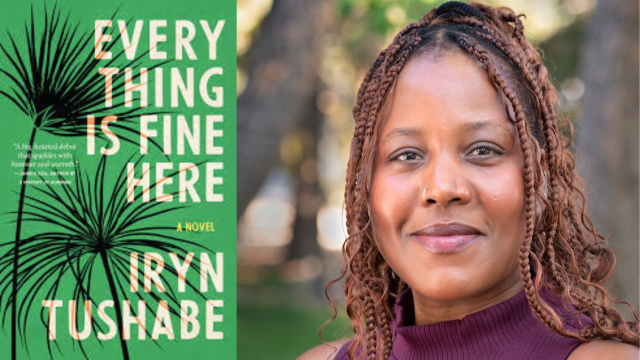 A composite image of a green book cover with black foliage and on the right is a headshot of a Black woman with long braided hair and a burgundy turtleneck