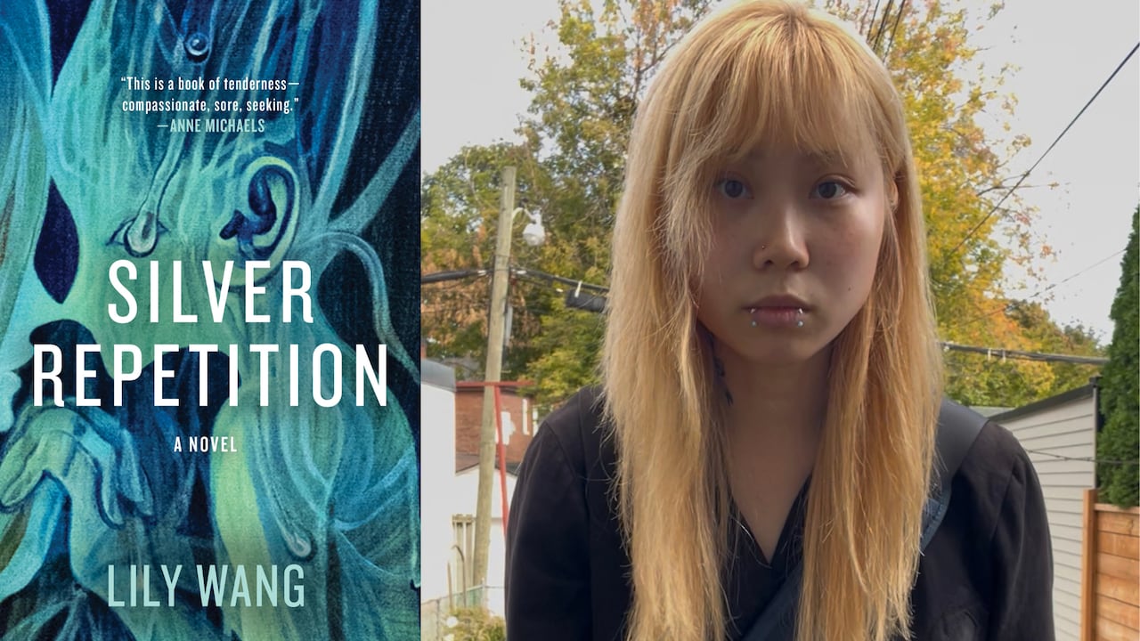 An abstract blue and green book cover of a child holding hands with its mother and the author an Asian woman with long blonde hair