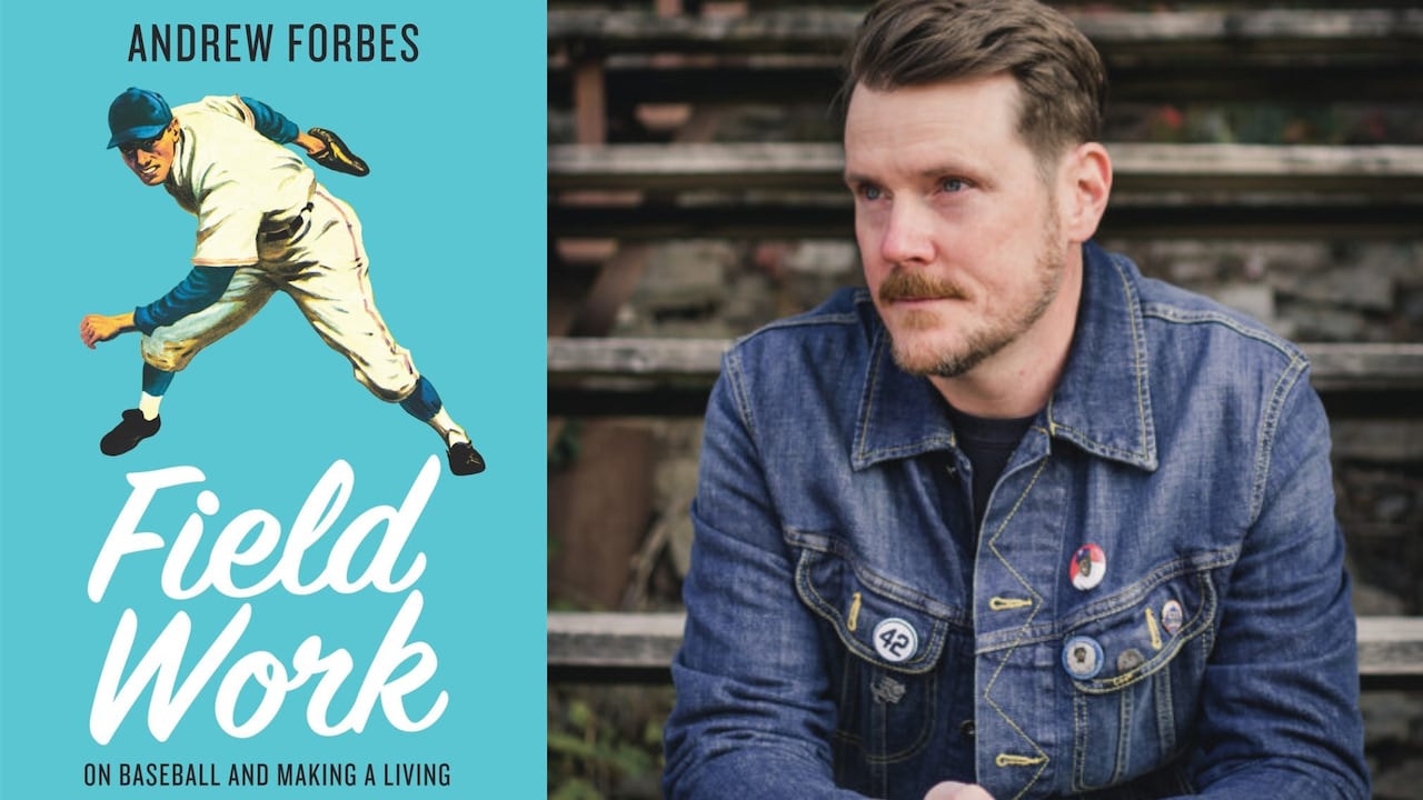 A composite image of a blue book cover on the left with a baseball player and on the right is a headshot photo of a man wearing a blue jean jacket. 