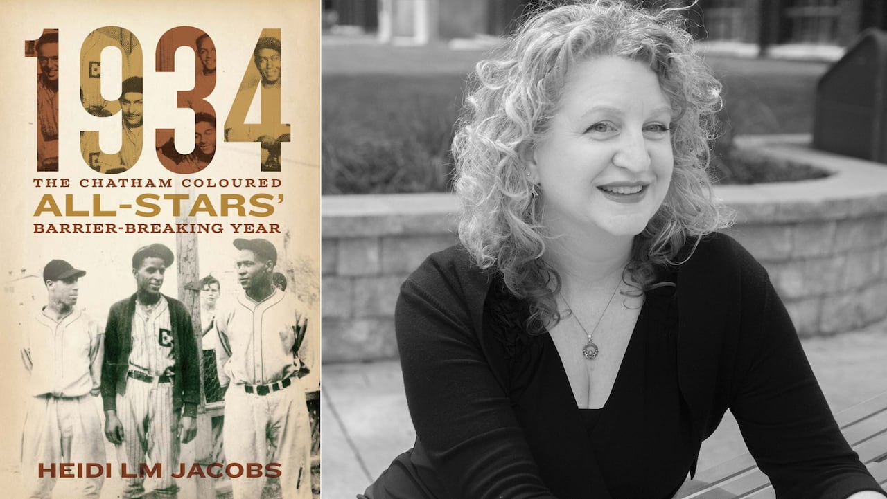A sepia-toned book cover featuring a historical photo of Black baseball players. A black and white author photo of a woman with curly hair.