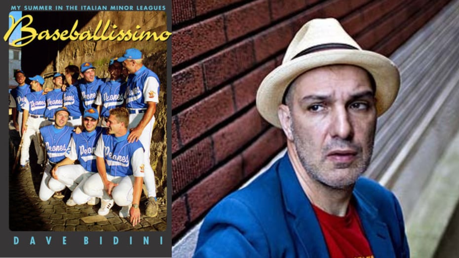 A book cover of a photo of a baseball team. A headshot of a man wearing a beige fedora.