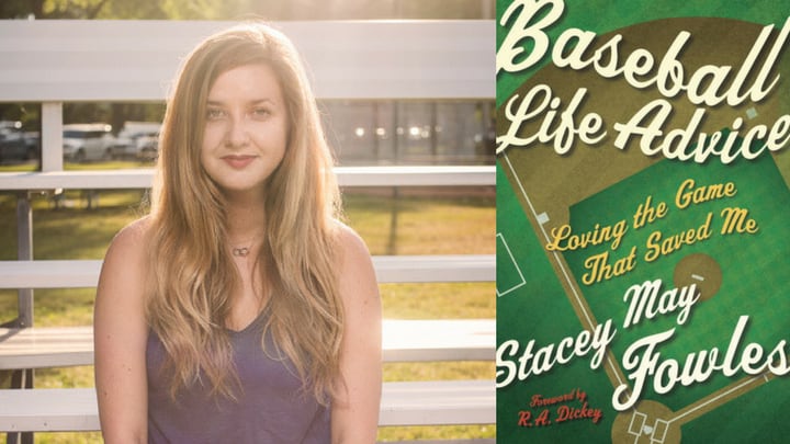 A headshot of a woman with long blonde hair on the bleachers. A book cover of a baseball field from above.