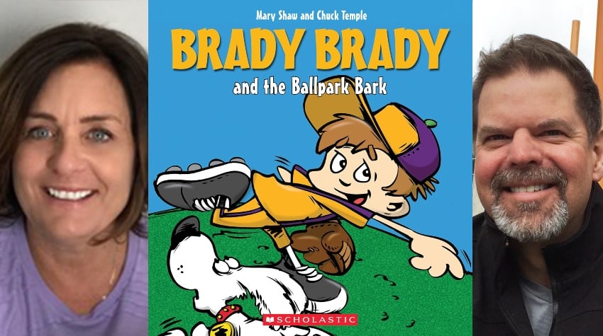 A book cover of a boy throwing a ball to a cartoon dog framed by an author headshot on either side.