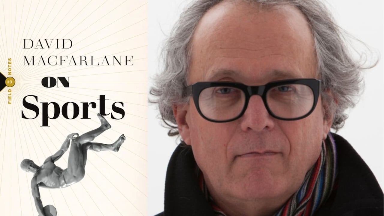 A composite image of a man statue throwing a discus and the right is a headshot photo of a man with grey hair and black-rimmed glasses. 