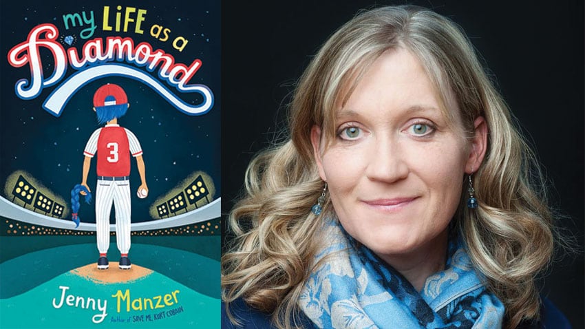 A book cover of a kid with blue hair on a baseball pitch. A headshot of a woman with blonde curled hair.