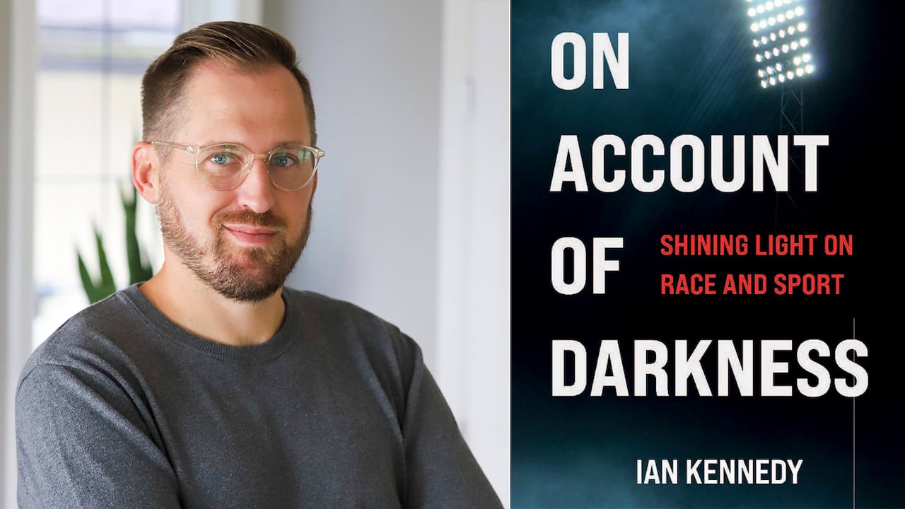 A headshot of a man with glasses. A book cover of football lights.