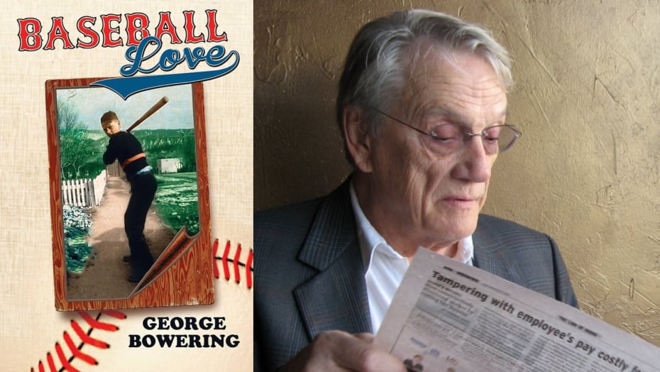 A book cover of an old photo of a boy up at bat. An author headshot of a man reading a newspaper.