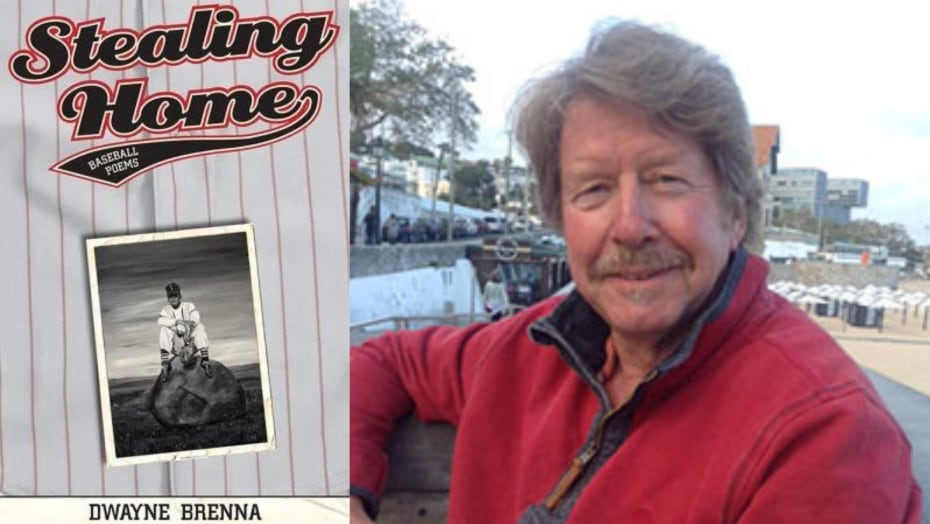 A book cover of a black and white photo of a man in a baseball outfit. A headshot of a man with grey hair and a moustache.