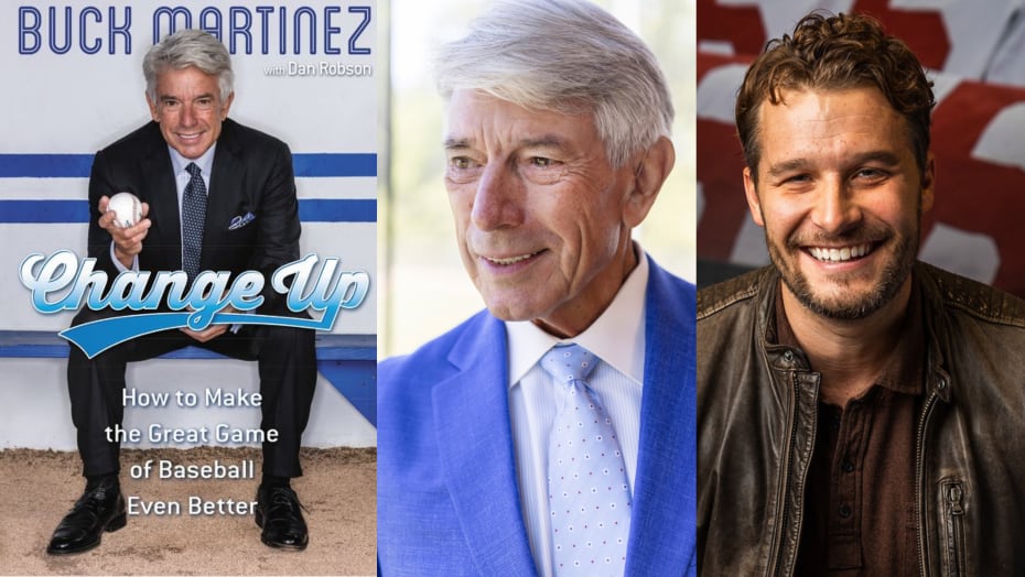 A book cover of a man in a suit holding a baseball. A headshot of that same man looking left. A headshot of a man with brown hair smiling.
