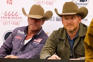 “Yellowstone” creator Taylor Sheridan (left) and actor Cole Hauser pose for a photo while...