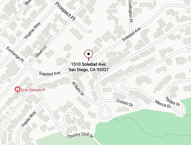 A new 4,494-square-foot two-story house with an attached accessory dwelling unit is proposed for a vacant lot at 1510 Soledad Ave. in La Jolla. (Bing Maps and La Jolla Light)