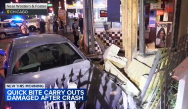 Quick Bite Carry Outs at 5155 North Western Avenue damaged in car crash in Ravenswood, Chicago
