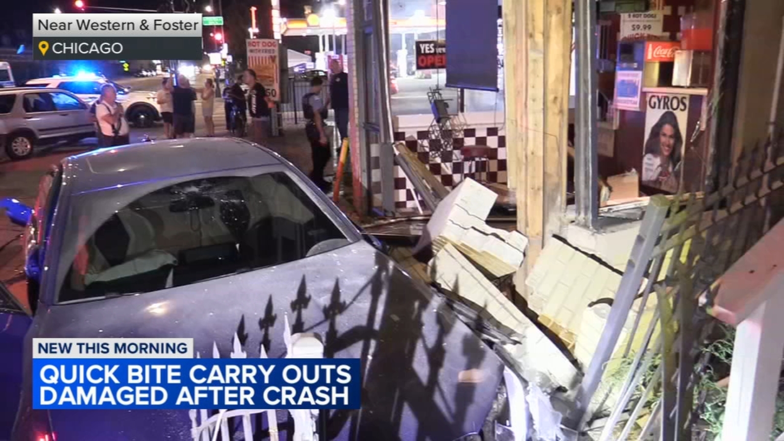 Quick Bite Carry Outs at 5155 North Western Avenue damaged in car crash in Ravenswood, Chicago