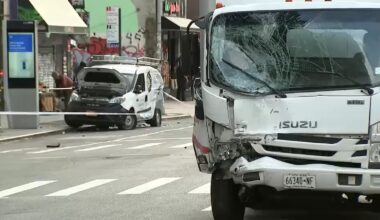 Midtown crash: 10 people injured after box truck strikes parked van, sending it onto sidewalk in Manhattan