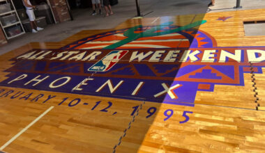 the center logo of the 1995 NBA all-star game on hardwood