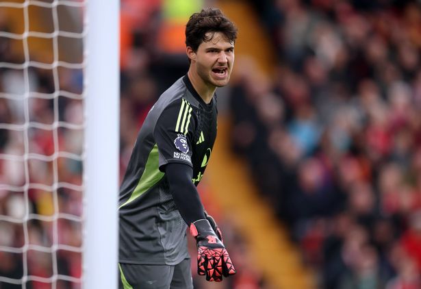 Senne Lammens of Manchester United reacts during the Premier League match between Liverpool and Manchester United at Anfield on October 19, 2025 in Liverpool, England.