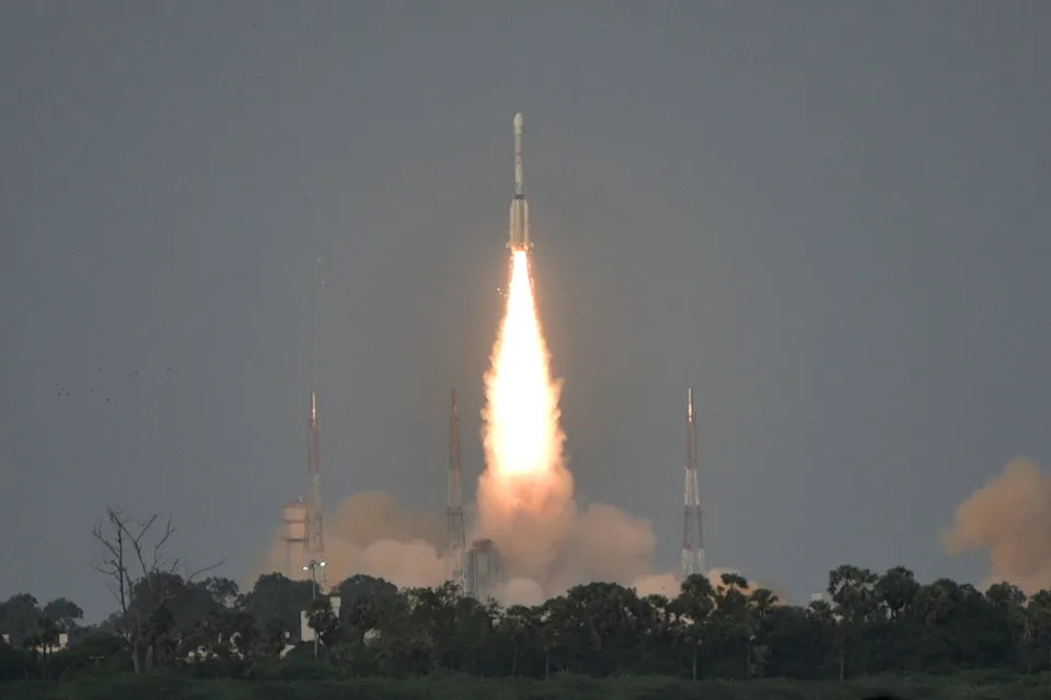 India's Geosynchronous Satellite Launch Vehicle Mk II carrying the NASA-ISRO Synthetic Aperture Radar, or NISAR satellite, lifts off July 30 from the Satish Dhawan Space Centre in Sriharikota, India.