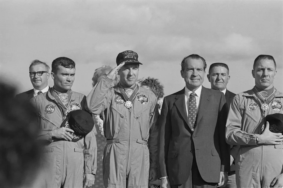 Then-President Richard Nixon meets the Apollo 13 astronauts in Honolulu, Hawaii, on April 23, 1970. In the front row, Fred Haise stands on the far left next to Jim Lovell, Nixon, and Jack Swigert (Getty Images)