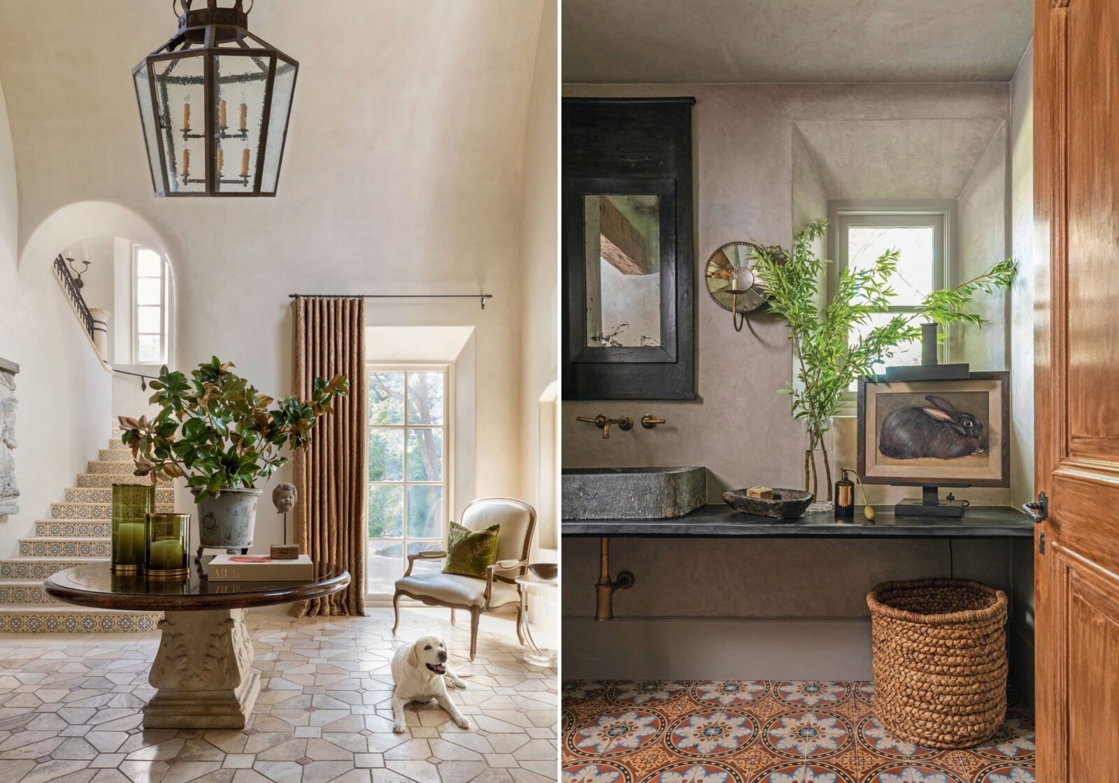 A yellow lab sits in a home entryway with white stucco walls; a painting of a rabbit by vased greenery sits in a bathroom