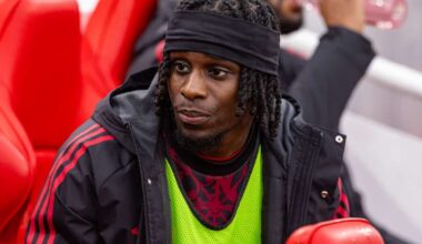 LIVERPOOL, ENGLAND - Sunday, October 19, 2025: Liverpool's substitute Jeremie Frimpong on the bench before the FA Premier League match between Liverpool FC and Manchester United FC at Anfield. Man Utd won 2-1. (Photo by David Rawcliffe/Propaganda)