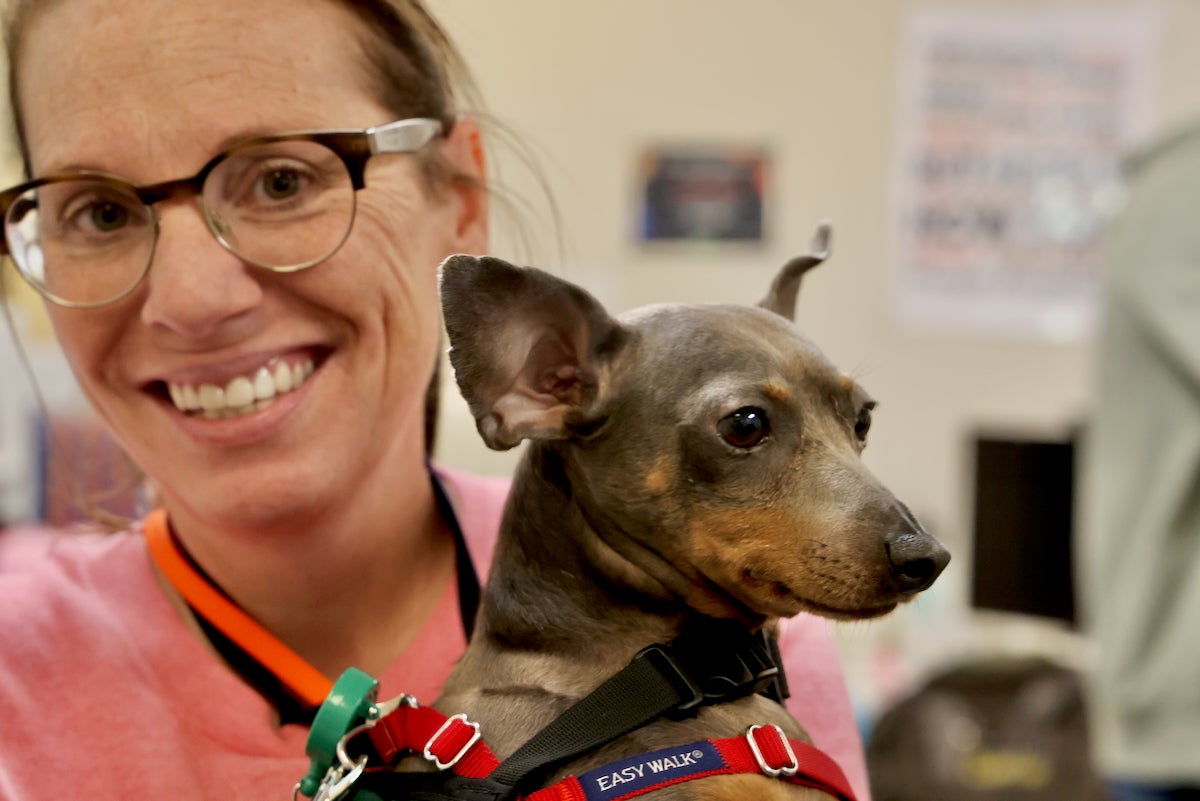 Allison Hussey and a String Theory School therapy dog