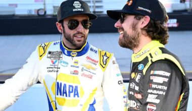 NASCAR Cup Series drivers Chase Elliott and Ryan Blaney talking at Bristol Motor Speedway