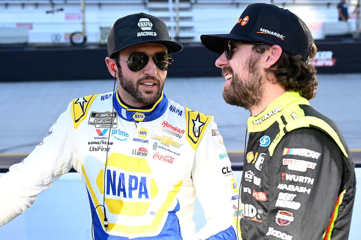 NASCAR Cup Series drivers Chase Elliott and Ryan Blaney talking at Bristol Motor Speedway