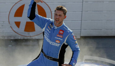 Denny Hamlin, driver of the #11 Progressive Toyota, celebrates after winning the NASCAR Cup Series AutoTrader EchoPark Automotive 400 at Dover Motor Speedway on July 20, 2025 in Dover, Delaware. (Photo by Sean Gardner/Getty Images)