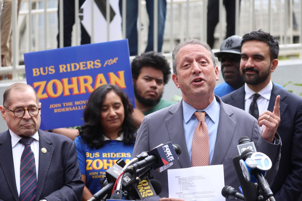 Brad Lander speaking at a press conference with Jerry Nadler and Zohran Mamdani.