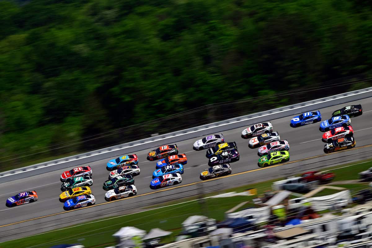 General view of NASCAR Cup Series cars pack racing at Talladega