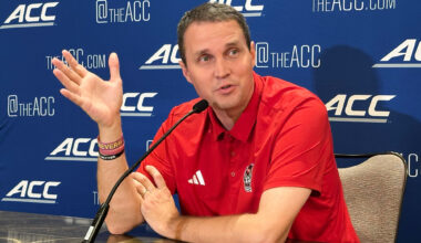 North Carolina State coach Will Wade speaks at the ACC college basketball media days on Wednesday, Oct. 8 2025, in Charlotte.