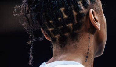 Aces guard Jewell Loyd’s neck tattoo during game three of a WNBA finals match up between ...