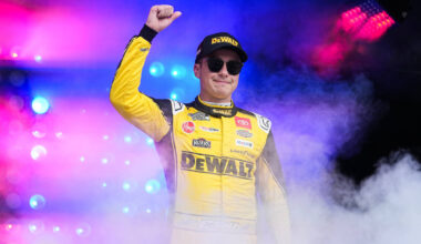 Christopher Bell gestures prior to a NASCAR Cup Series auto race at Charlotte Motor Speedway, S ...