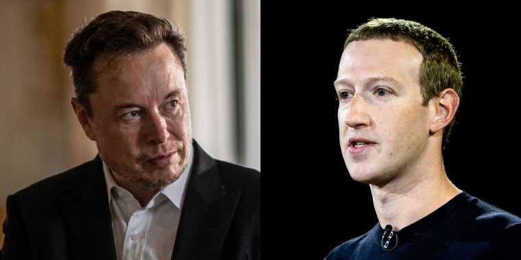 A side-by-side image showing Elon Musk on the left and Mark Zuckerberg on the right.