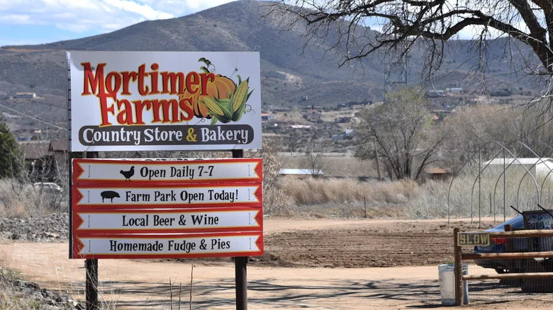 A sign for Mortimer's Farm in Dewey Arizona