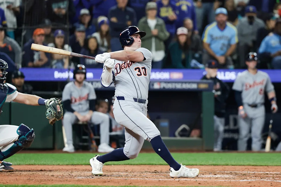Detroit Tigers outfielder Kerry Carpenter (30) hits a two run home run in the fifth inning against the Seattle Mariners during Game 1 of the ALDS in the 2025 MLB playoffs at T-Mobile Park in Seattle on Saturday, Oct. 4, 2025.