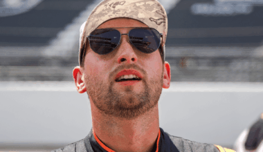 Sep 27, 2025; Kansas City, Kansas, USA; Chase Briscoe celebrates winning the starting pole position for the NASCAR Cup Series race at Kansas Speedway
